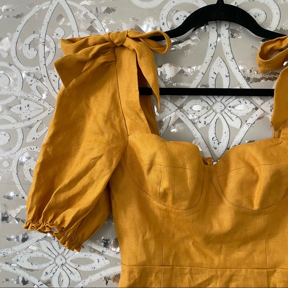 REFORMATION Yellow Ochre Spring Bow Sleeve Linen Mini Dress 2 - Picture 6 of 12